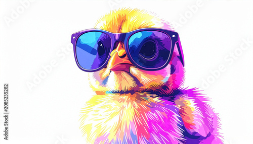 Colorful chick wearing large blue sunglasses on white background