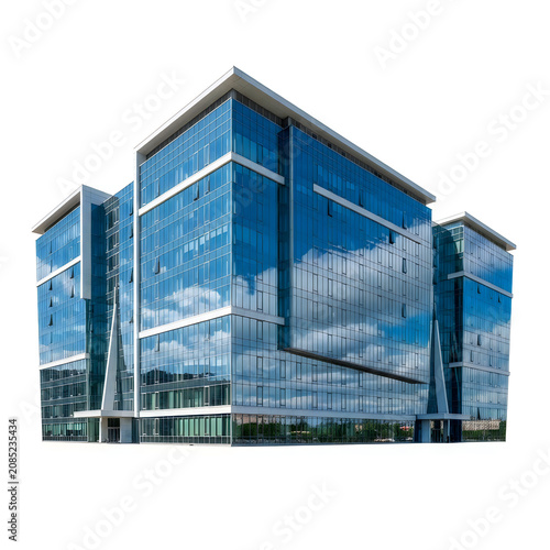 Modern glass office building with blue reflective panels isolated on white background