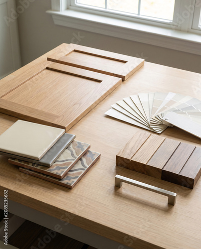 Kitchen remodel material samples beside cabinet door