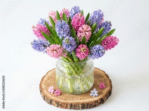 Beautiful bouquet of pink and purple hyacinth flowers in a glass vase on a wooden slice coaster isolated on white background