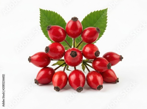 Fresh red rose hips with green leaves isolated illustration isolated on white background