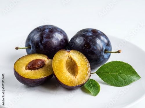 Fresh purple plums with green leaves and sliced halves showing yellow flesh isolated on white background