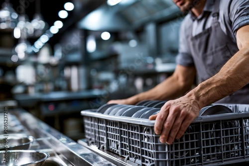 Kitchen porter unloading clean dishes from commercial dishwasher rack in restaurant kitchen