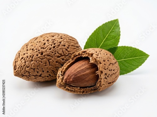 Two whole almonds with shells and green leaves isolated on white background