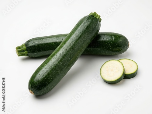 Two fresh green zucchini vegetables with sliced pieces isolated on white background