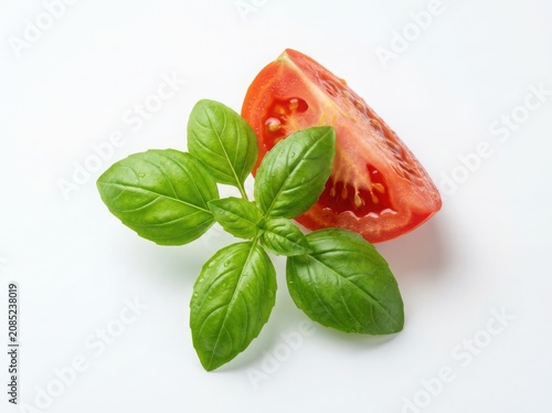 Fresh green basil leaves and a slice of red tomato isolated on white background