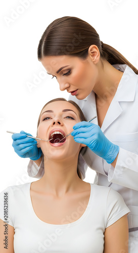 Dentist examining patient's teeth with dental mirror and tool isolated on white background