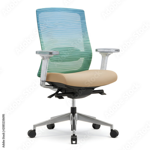 Modern office chair with green mesh back and beige seat isolated on white background