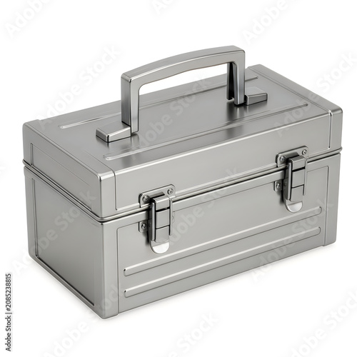 Gray metal toolbox with sturdy handles and latches closed isolated on white background