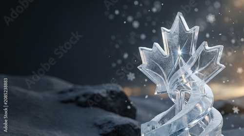 Ice sculpture of a maple leaf with snow and snowflakes on a dark, wintry background