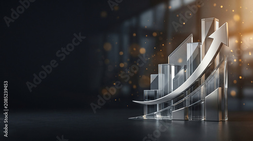 Abstract financial growth chart with metallic arrow and glass bars on a dark office background