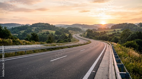 Empty multi-lane highway winding through lush rolling hills during a golden sunset