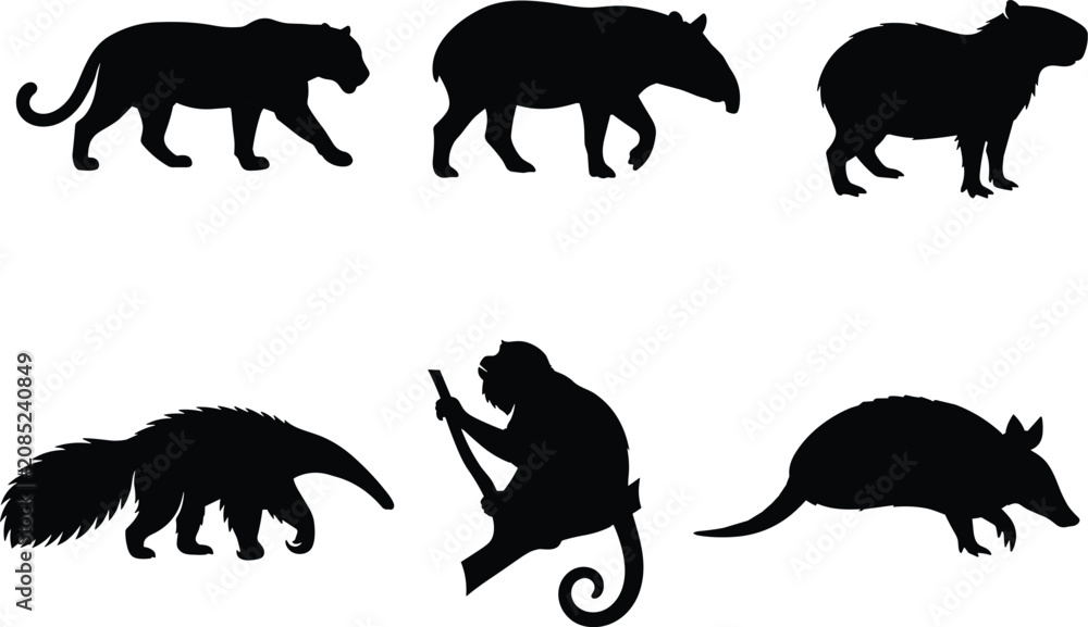 Fototapeta premium South American Wildlife Silhouette Vector Set Featuring Jaguar, Tapir, Capybara, Anteater, Monkey, and Armadillo