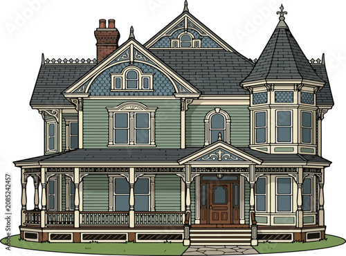 Classic Queen Anne Victorian House Illustration