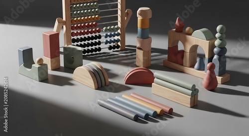 Wooden toys and abacus on a table educational and fun for children.