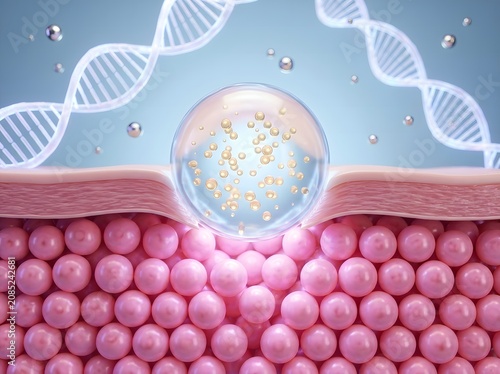 Scientific illustration of human skin cells with DNA structure and glowing particles for dermatological research study