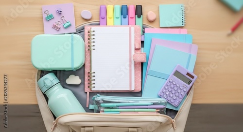 Organized Pastel School Supplies: Notebooks Pens Calculator and More in a Backpack.