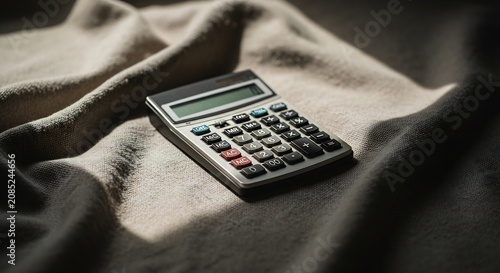 Close-up of a calculator on a textured fabric surface calculating finances.