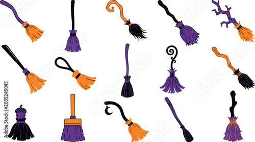 Fotografie Halloween witch broom icon collection featuring magical flying broomsticks whims