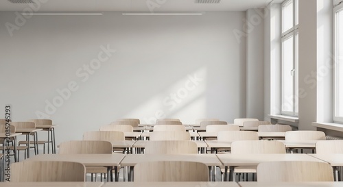 Empty classroom with rows of desks and chairs natural light from windows.