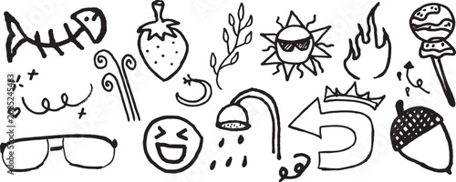 A collection of whimsical black and white handdrawn doodles depicting various objects like a fish skeleton strawberry sunglasseswearing sun and arrows