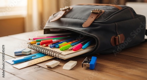School Supplies Overflowing from a Black Backpack on a Wooden Table.