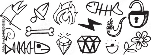A whimsical collection of handdrawn sketch icons including a flag sword bone lightning bolt smoking pipe and flower isolated on transparent background