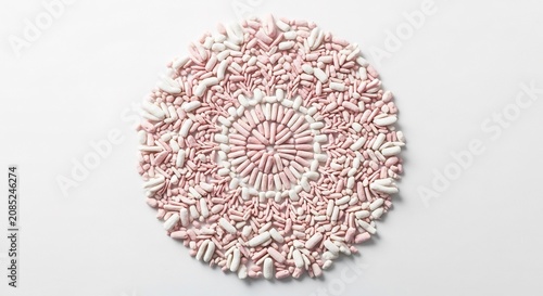 Artistic Arrangement of Pink and White Pills in a Circular Pattern.