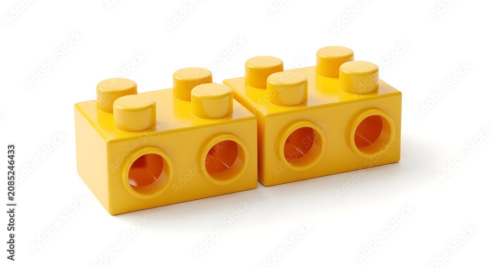 Obraz premium Two yellow plastic building blocks isolated on white background
