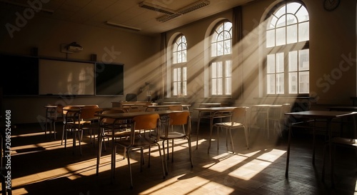 Sunlit Classroom: A Captivating Scene of Light and Shadow in an Old School.