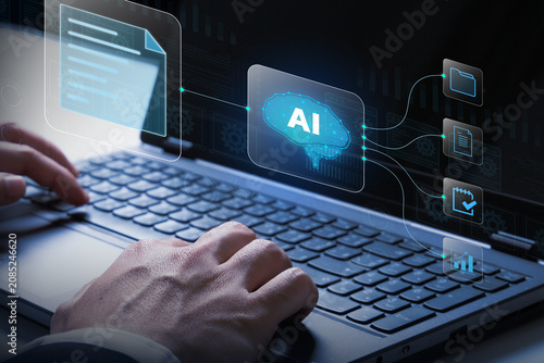 AI Technology Interface: A close-up of hands typing on a laptop, with a holographic interface displaying AI and a digital brain, representing artificial intelligence and advanced technology.