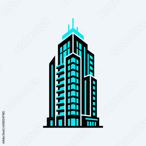 A stylized graphic illustration of a modern urban skyscraper building