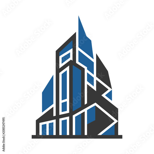 A stylized graphic illustration of a modern skyscraper building