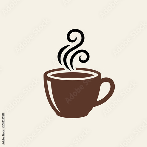 A simple brown coffee cup icon with rising steam on a light background