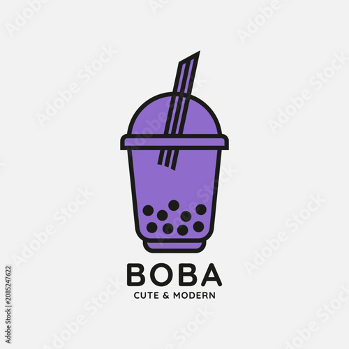 A minimalist graphic illustration of a purple beverage cup with dark tapioca pearls