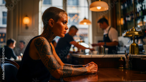Tattooed woman with buzz cut sitting at an upscale bar. Edgy female patron waiting in a modern restaurant interior. Urban lifestyle and individuality concept for hospitality marketing.
