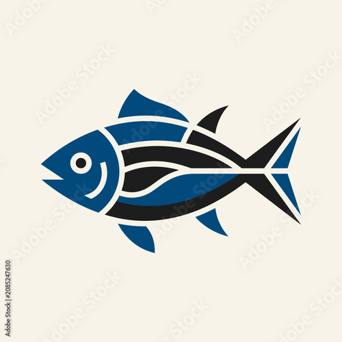 A stylized graphic illustration of a blue and black fish on a light background