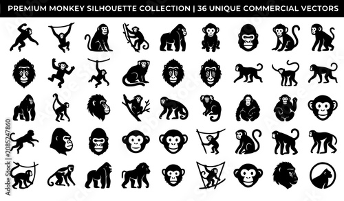 Canvas Print Premium Monkey Silhouette Vector Collection Primate Animal Icons