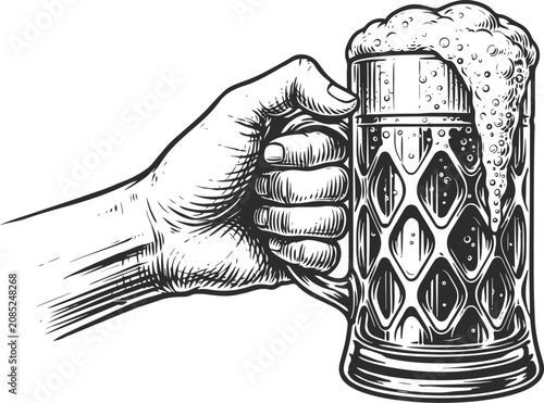 Hand holding a frosty beer stein with foam