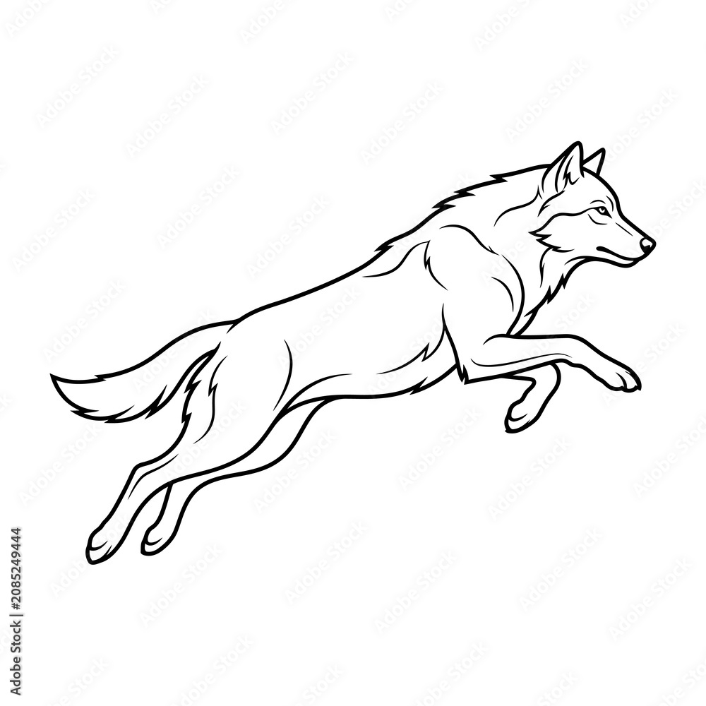 Fototapeta premium A black and white line art illustration of a wolf leaping through the air.