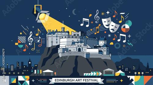 A clean flat design vector illustration showing Edinburgh Castle as a backdrop to vibrant festival activities, symbolizing the blend of tradition and modern art. 