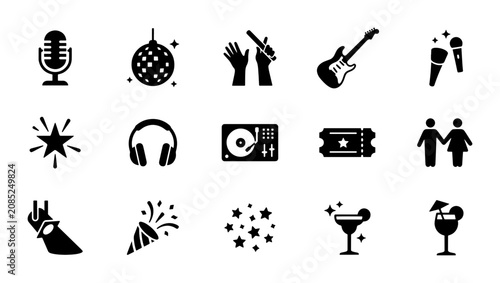 Obraz na plátně Music and Party Icons Set: Microphone, Disco Ball, Guitar, DJ Deck, Tickets, Coc