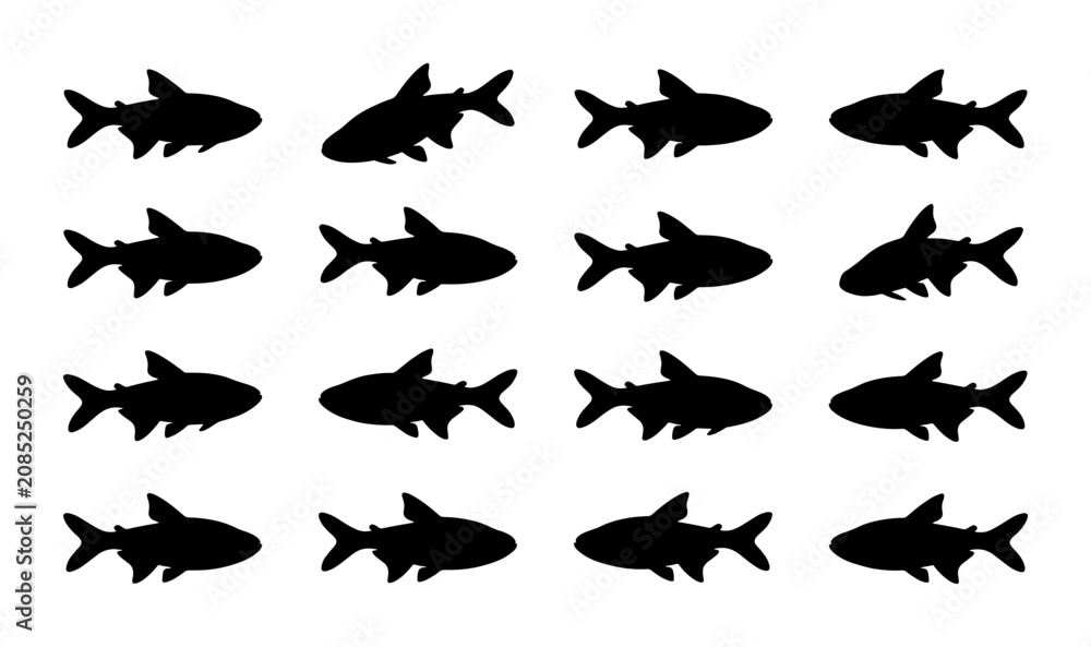 Fototapeta premium Set of 16 Black Shark Silhouettes, Marine Life Vector Icons, Ocean Predator Graphics, Aquatic Animal Illustrations for Design Projects