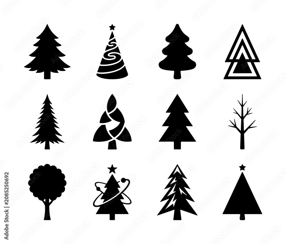 Fototapeta premium Set of 12 Diverse Christmas Tree Icons, Festive Winter Holiday Vector Graphics, Seasonal Celebration Symbols for Design