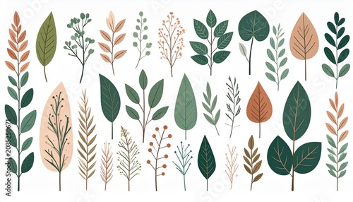 Botanical leaf and floral pattern design elements collection.