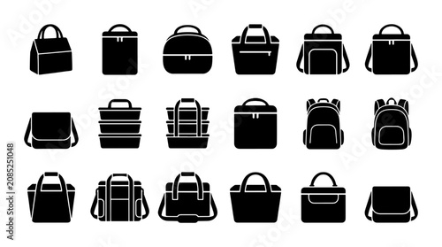 Fényképezés Vector Bag Icons Set: Diverse Collection of Backpacks, Totes, Duffels, and Messe