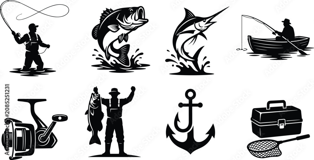 Obraz premium Set of black fishing icons showing anglers, fish, tackle, and nautical gear for outdoor designs