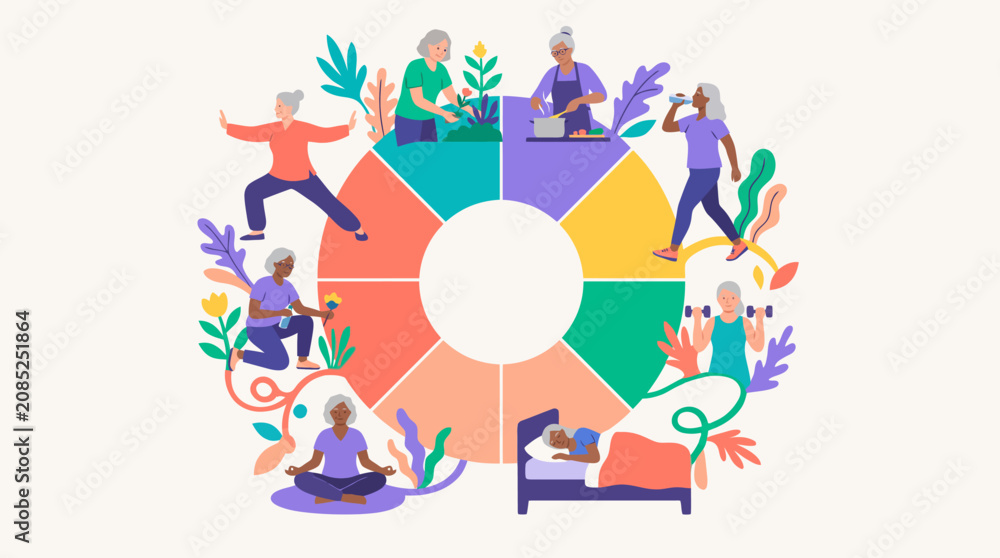Fototapeta premium Modern Healthy Aging Wheel with Yoga Fitness and Nutrition