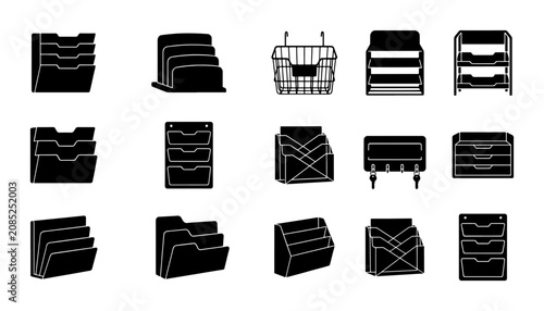 Photography Office Organization Icons, Document Holders, File Sorters, Desk Organizers, Vect