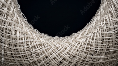 Creative Intricate white woven fiber sculpture, abstract circular art piece, modern textile design, decorative object 2k